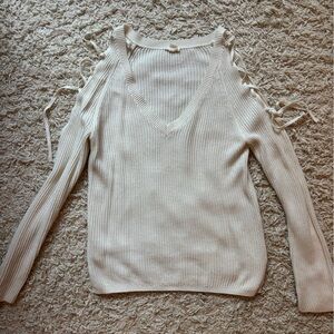 Garage White V-Neck Knit Sweater with Tie Detailing at Shoulders